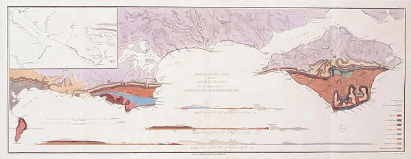 Geological Map and Sections of the Isle of Wight and the Adjacent Parts of Hampshire and Dorsetshire, 1816 (hand-coloured engraving)