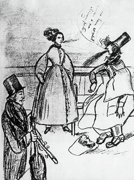George Sand and Alfred de Musset during their travel Marseille - Genes, 1834 : on boat George is smoking, Musset is sick, drawing by Alfred de Musset