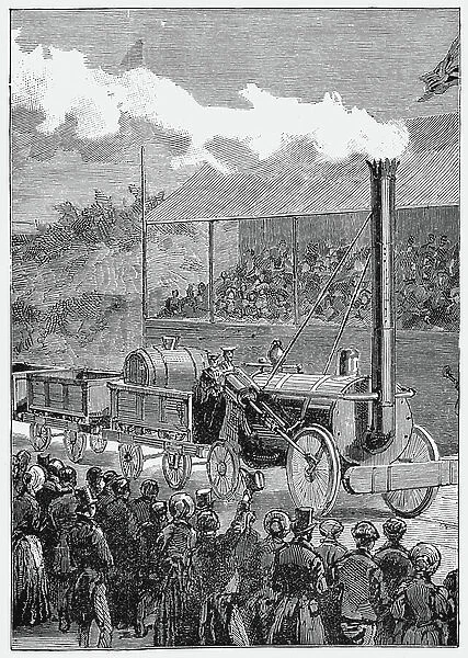 George Stephenson's locomotive Rocket winning the competition at Rainhill Bridge, near Manchester, England, for the engine to be used on the Liverpool and Manchester Railway: 14 October 1829. Flanged wheels Wood engraving 1898