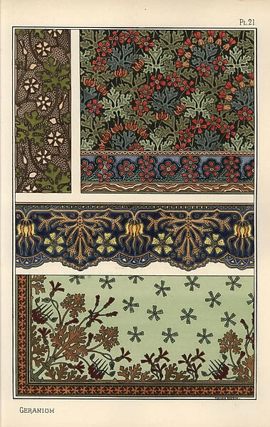 Geranium motif in wallpaper, border and fabric patterns, 1897 (lithograph)
