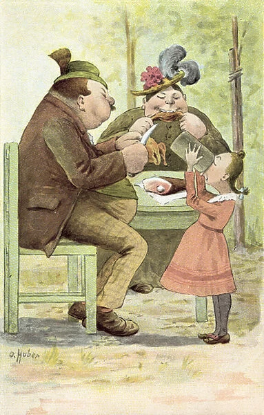 German couple and daughter enjoying a meal outside (colour litho)