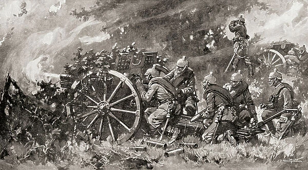 German field artillery in action during World War One, The guns were screened and were invisible at a comparitively short distance, from The History of the Great War, pub.c. 1919