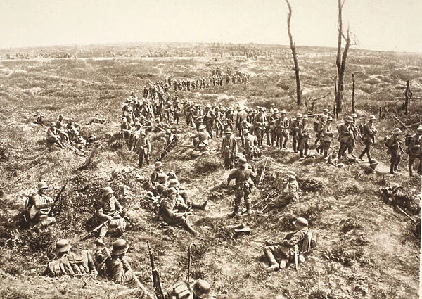 German infantry cross over Chemin des Dames to follow the retreating enemy