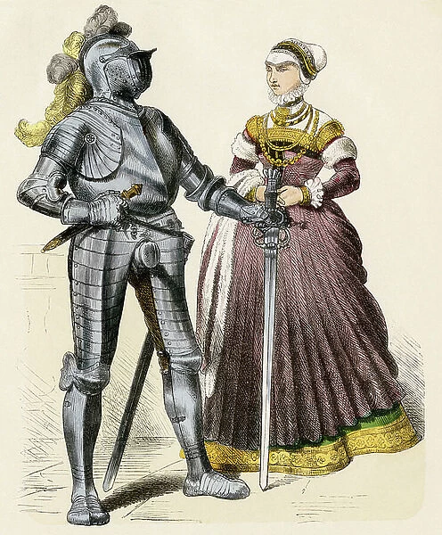 German knight in medieval armor and a lady of the nobility, Germany, late 16th century. Old engraving, colour setting