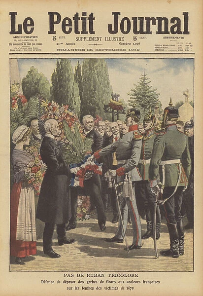 German soldiers refusing to allow wreaths with French tricolour ribbons to be placed on the tombs of soldiers killed in the Franco-Prussian War (colour litho)