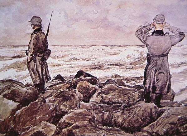Two Germans on the coast of France look towards England on the eve of the Normandy