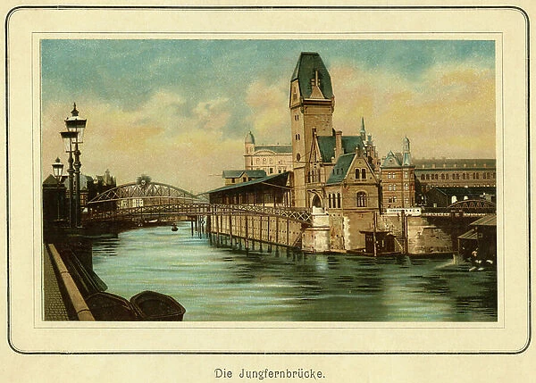 Germany, Hamburg, the so called Jungfernbruecke in the harbour with ware houses, illustration from : 'Ansichten-Album Hamburg' (views from Hamburg), published by C. Schneider, Berlin NW c.1890 (lithograph)