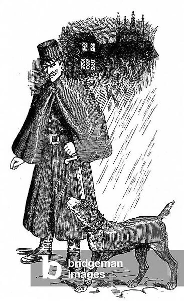 Ghent police dog, kitted out in its own mackintosh coat for wet weather, with its handler. Mackintosh, a rubberised waterproof fabric. Engraving, London, 1907