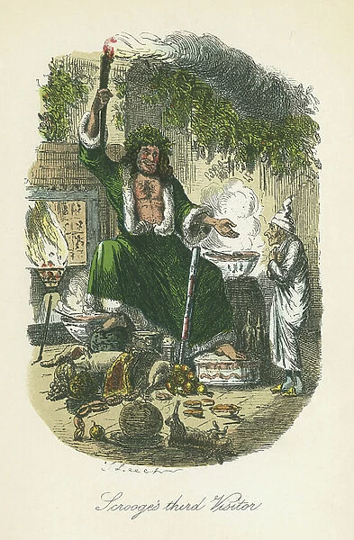 The Ghost of Christmas Present appearing to Scrooge. Illustration by John Leech (1817-64) for Charles Dickens A Christmas Carol, London 1843-1834