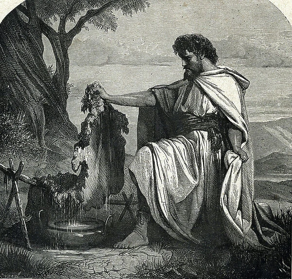 Gideon or Gedeon and the miracle of the dew (or fleece). 19th century (engraving from Holy History by Lahure)
