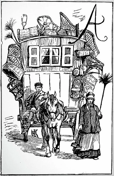 A gipsy family on the road with their horse-drawn caravan festooned with articles for sale, 1850