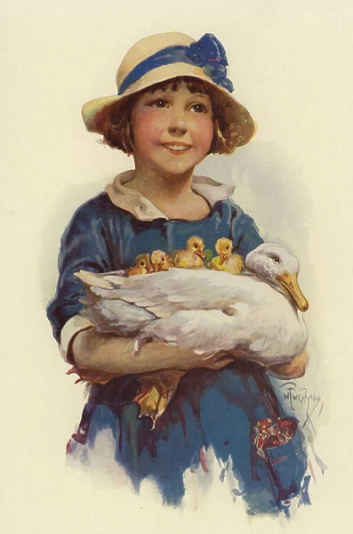 Girl carrying a duck and ducklings (colour litho)