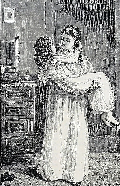 A girl carrying her younger sister to bed