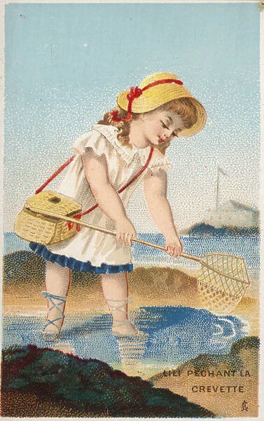 Girl fishing for shrimps (chromolitho)