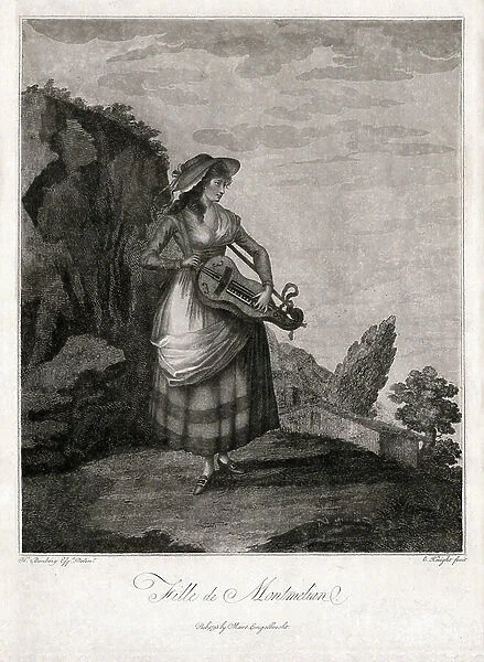 Girl from of Montmelian, in Gironde, playing the old wheel (engraving)