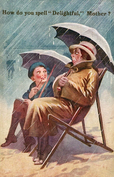 Girl and her mother on holiday in the rain (colour litho)