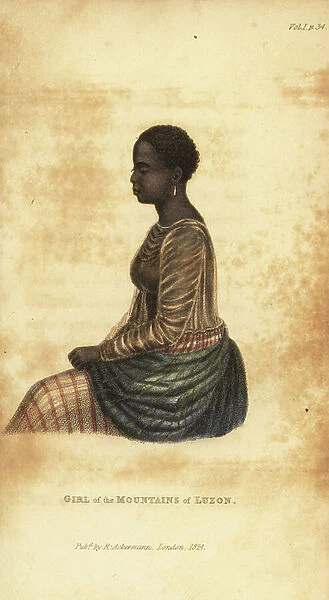 Girl of the mountains of Luzon, the Phiippines. Brought up by a Spanish family in Manila. Handcoloured copperplate engraving from Frederic Shoberl's The World in Miniature: The Asiatic Islands and New Holland, R. Ackermann, London, 1824