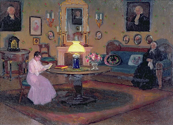 Girl Reading to her Grandmother (oil on board)