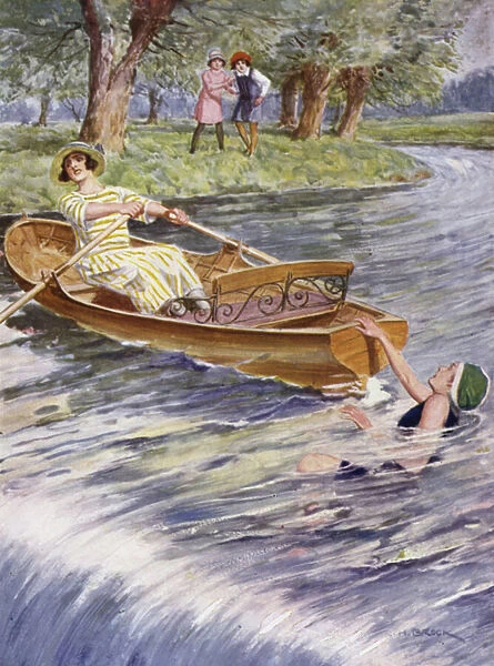 Girls boating (colour litho)