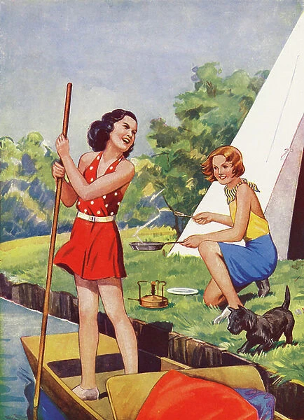 Girls at camp (colour litho)