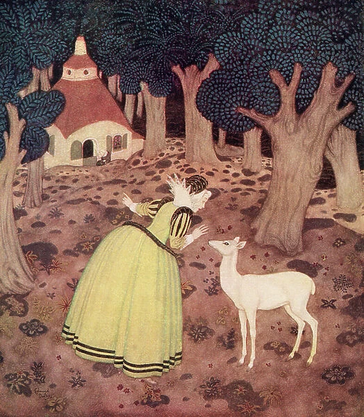 'Giroflee thanked the Fairy and went far into the wood; and there, sure enough, she saw a hut and an old woman sitting outside', illustration from the French fairytale The Hind of the Wood