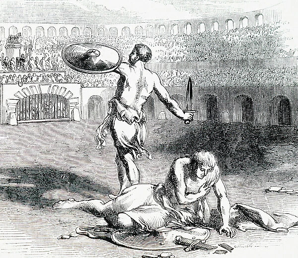 Gladiators fighting within the Colosseum