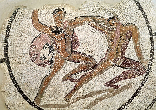 Two gladiators fighting (mosaic)