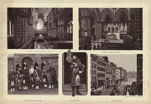 Glasgow: Interior Glasgow Cathedral Choir, West; Chancel, Glasgow Cathedral; Highland Military Costumes; Highland Piper; Jamaica Street (litho)