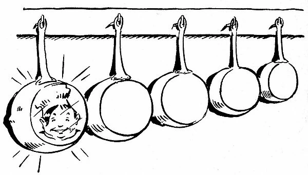 Glossy copper pots, hanging on the wall of a kitchen. The smiling face of the happy cook is reflected in one of them - happiness, traditional cuisine - image of a school book at the beginning of the 20th century