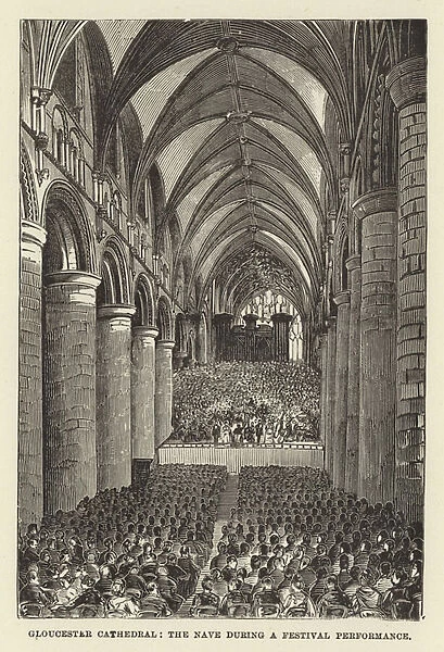 Gloucester Cathedral, the nave during a festival performance (engraving)