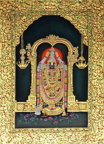 God Tirupati Balaji in Miniature Panting on Paper with Gold Embossing