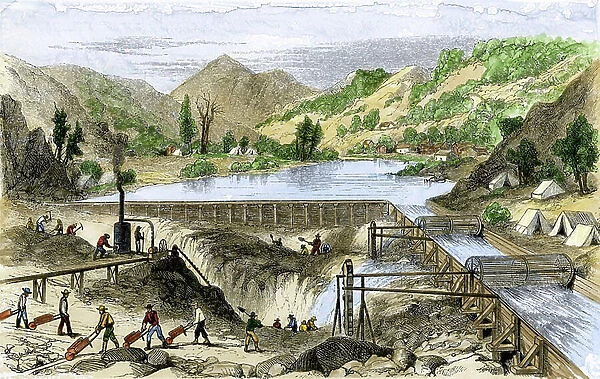 Gold Rush: gold seeker at a dam in California (hydraulic mine), 1850 years. Colourful engraving of the 19th century