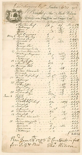 Bill for goods bought from Thomas & Nicholas Wilson, grocers (engraving)