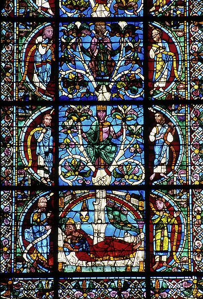 Gothic architecture. Genealogy of Christ - Tree of Jesse (detail): Jesse is asleep and a tree comes out of her body. 1150. Stained glass of the Royal Portal. Cathedrale de Chartres