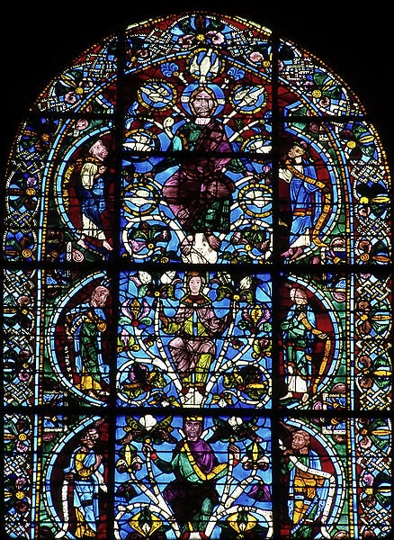 Gothic architecture. Genealogy of Christ - Tree of Jesse (detail): Christ with the 7 Doves. 1150. Stained glass of the Royal Portal. Cathedrale de Chartres