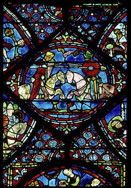 Gothic architecture. History of Charlemagne (detail): the Roland Tournament. Stained glass of the northern ambulatory, absidial. Cathedrale de Chartres