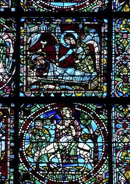 Gothic architecture. Life of Our Lord (detail): Joseph's dream and flight to Egypt. 1140. Stained glass of the Royal Portal. Cathedrale de Chartres