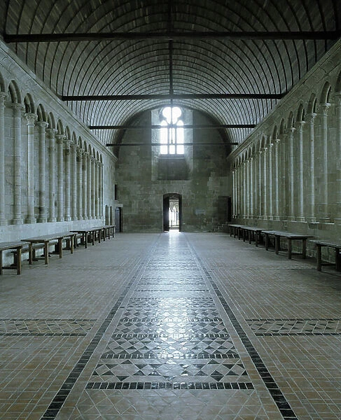 Gothic architecture: view of the refectory room in the 'Wonder', 1211-1218. Abbey of Mont Saint Michel (Manche)