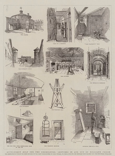 Government Help for the Unemployed, Sketches in and out of Millbank Prison (engraving)
