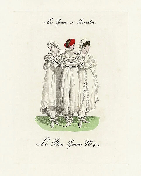 Three graces in trousers. Three girls in turbans, dresses with frills that reach the mid-calf length and frilled pantalons or trousers. 'There is something strange about this costume