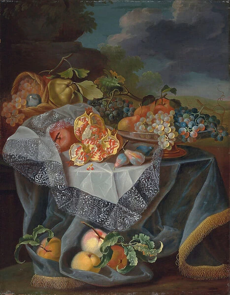 Grapes, pears, and an apple on a glass vessel, pomegranates