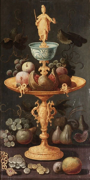 Grapes, plums and a pomegranate on a golden tazza surmounted by a personification of