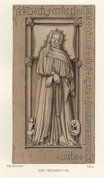 Grave stone of Agnes Bernauer (1410-1436), mistress of Albert III of Baviere (1401-1460), in the chapel dedicated to him in Straubing (Germany) - Chromolithography, drawing by Jakob Heinrich von Hefner-Alteneck (1811-1903), for his work 'Costumes