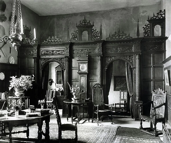 The Great Hall looking towards the screens passage, Chastleton House, Oxfordshire, 1902, from The English Manor House (b / w photo)