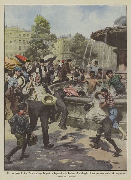 The great heat of New York forces people to bathe in the fountains and escape the sun to... (colour litho)
