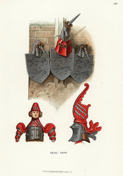 Great helms and shields with heraldic crests, 14th century, 1889 (chromolithograph)