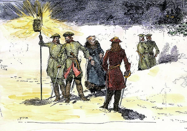 Great North War or Second North War (1700-1721): Russians stop a spy during the war against Sweden. Colourful engraving of the 19th century