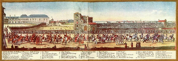 The great procession at the Grand Carousel, given by Louis XIV in front of the Tuileries, Paris, France, 5th June 1662, to celebrate the birth of the Dauphin