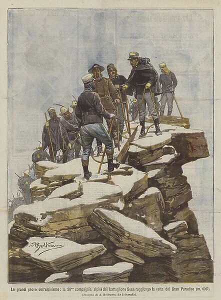 The great tests of mountaineering, the 36th Alpine company of the Susa Battalion reaches the summit... (colour litho)