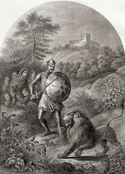 Greatheart defending Christiana in the valley. From The Pilgrim's Progress by John Bunyan. 19th century print